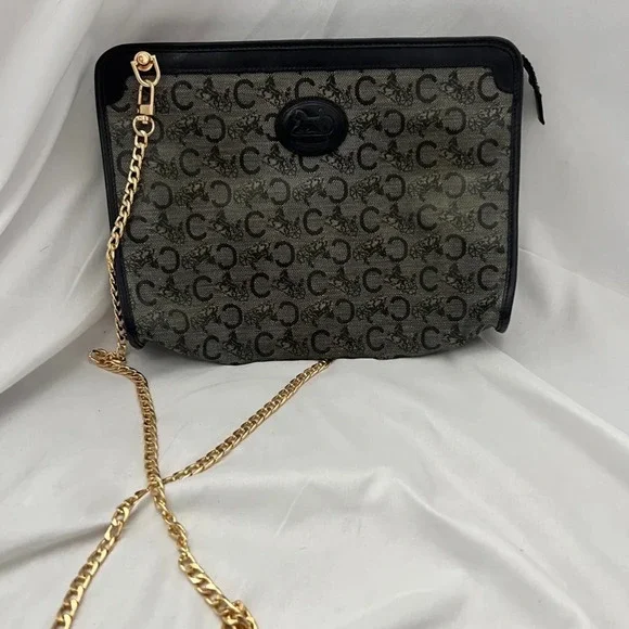 Celine Monogram Canvas Crossbody Clutch in Black and Brown with Gold Chain - Picture 3 of 16